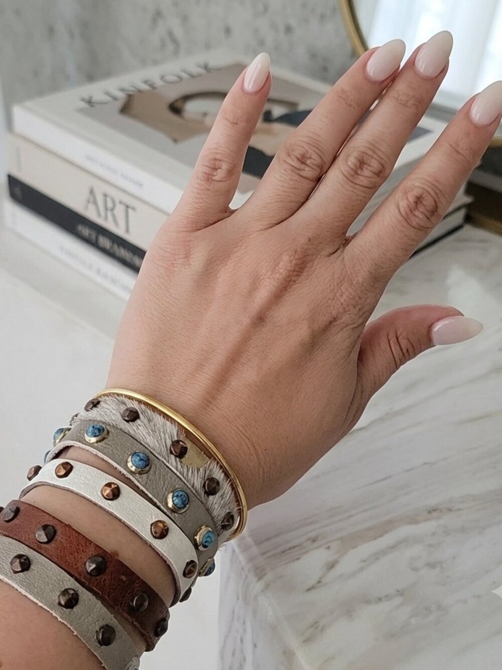 Leather Studded Wrap Bracelet Set Brown White Turquoise Boho Western One Size - Picture 8 of 9